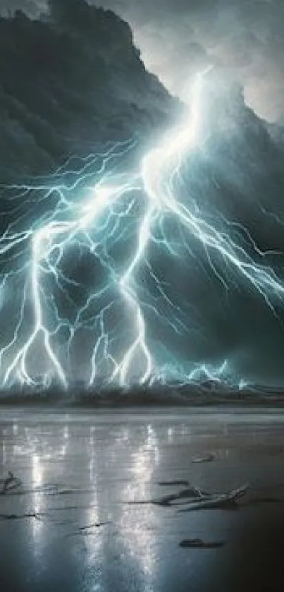 Dramatic lightning storm over a reflective beach.