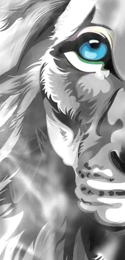 Dynamic grayscale lion art with striking blue eye.