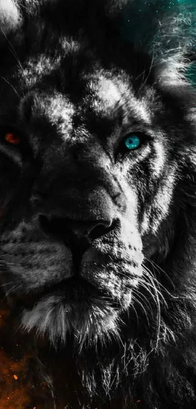 Wallpaper of a lion with glowing eyes and vibrant colors.