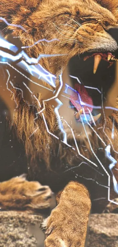 Roaring lion with lightning bolts in dynamic wallpaper.