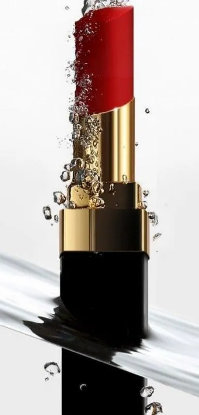 Dynamic red lipstick submerged in splashing water art.