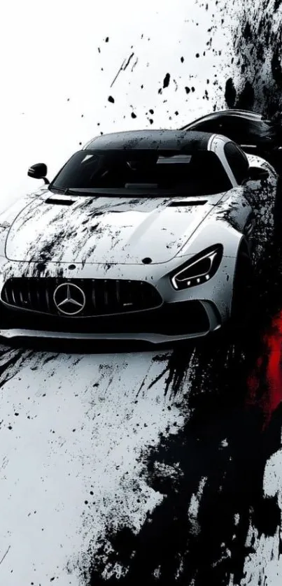 Dynamic luxury car art wallpaper with black splash design.
