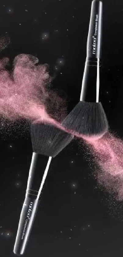 Makeup brushes with pink powder on black background.