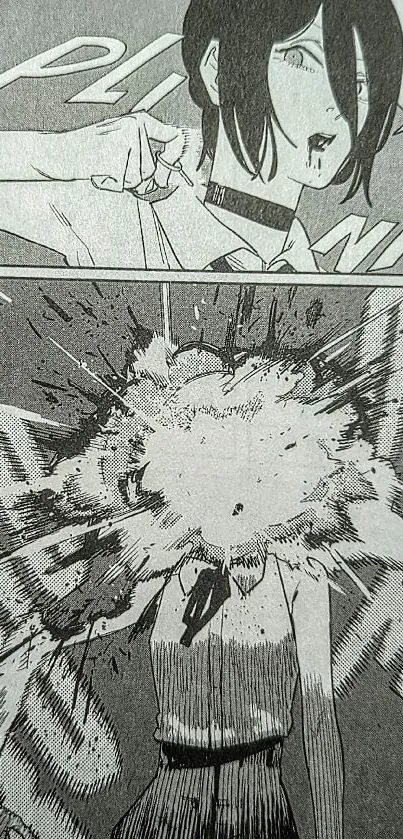 Black and white manga explosion scene with dynamic action.