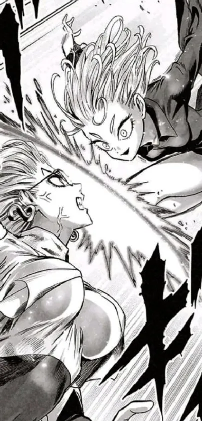 Intense manga battle illustration in black and white. Dynamic and action-filled.