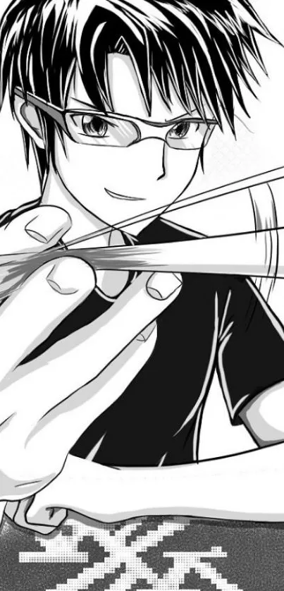 Black and white manga character holding something dynamic.