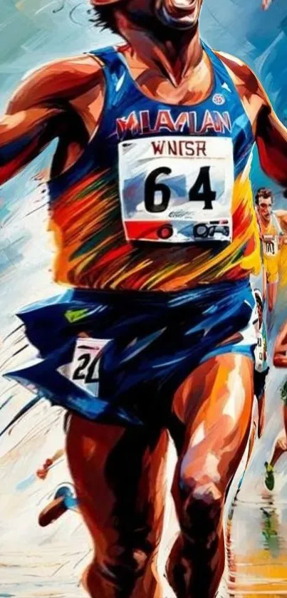 Artistic depiction of a marathon runner crossing the finish line.