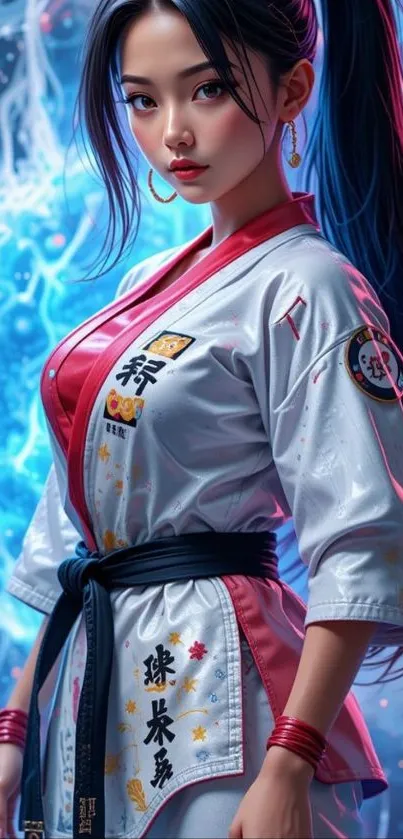 Illustration of a martial artist in a vibrant setting.