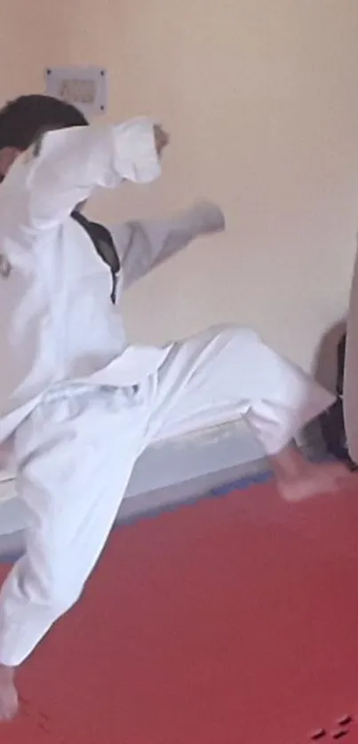 Young martial artist performing a dynamic Taekwondo move on a red mat.