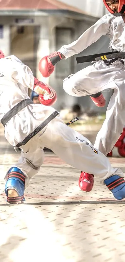 Martial artists sparring in outdoor training session.