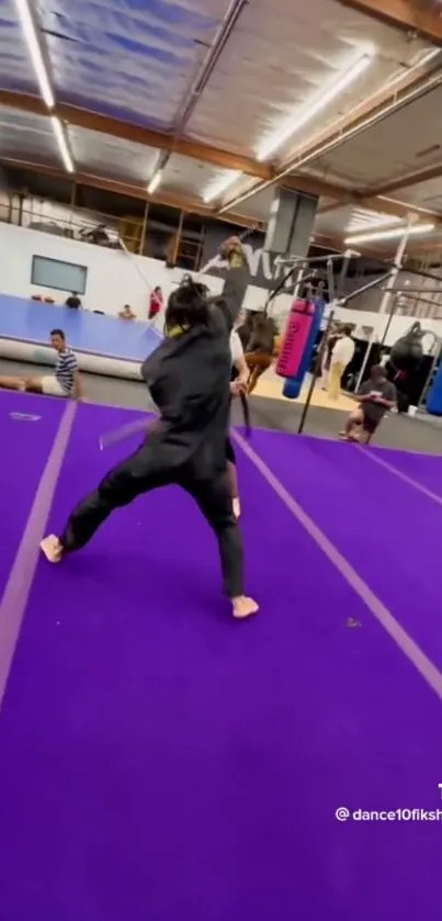 Martial artist training in a purple gym setting, full of action.