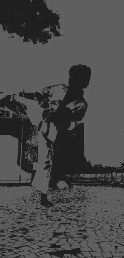 Martial artist kicking in urban silhouette with gray tones.