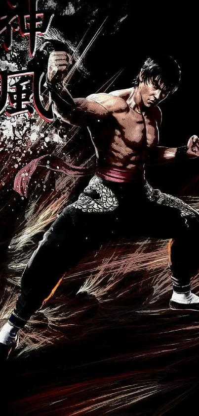 Dynamic martial artist in powerful pose on striking wallpaper.