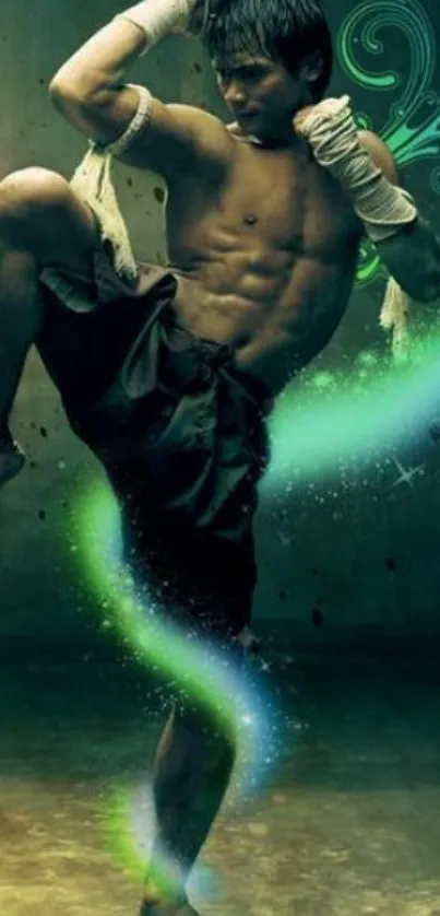 Dynamic martial artist with green energy swirls in background.