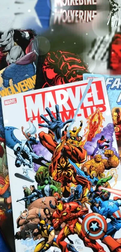 A vibrant collection of Marvel comic book covers featuring iconic superheroes.