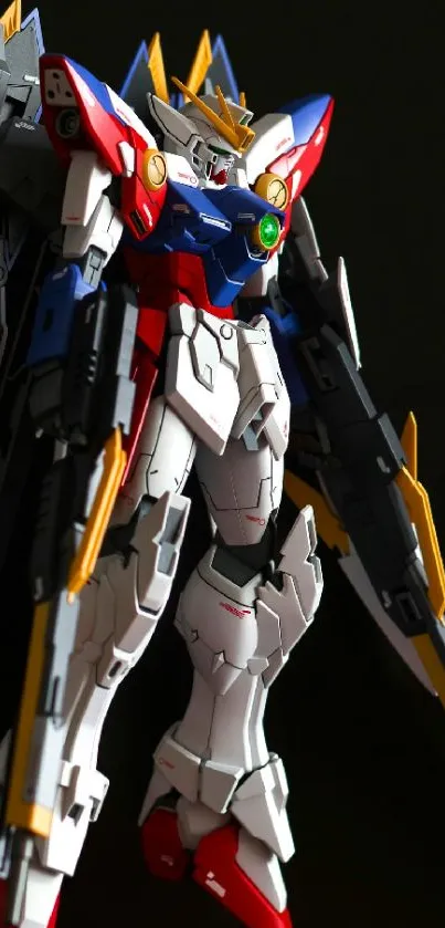 Vibrant mecha robot posing on dark background, ideal for anime fans.