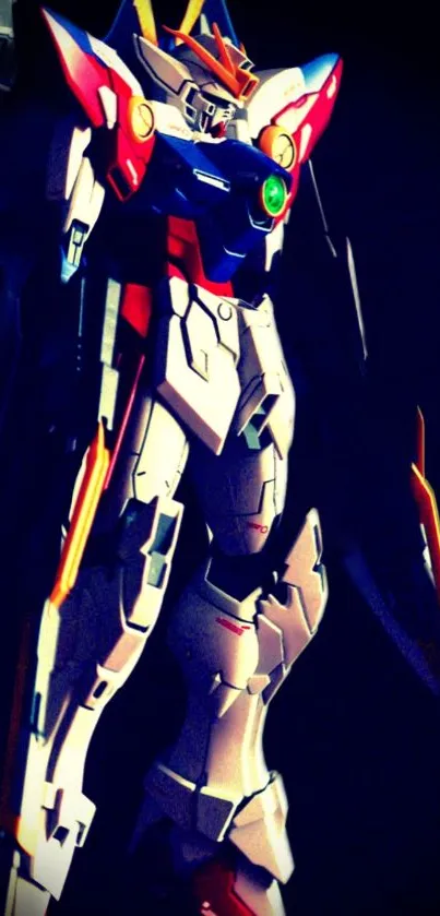 Animated mecha warrior with vibrant colors and intricate details on dark background.