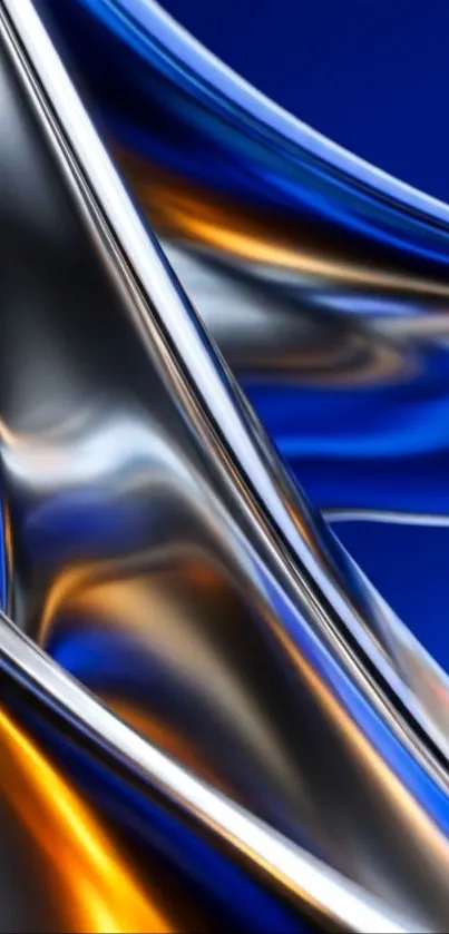 Abstract metallic wave design in blue, silver, and orange hues.