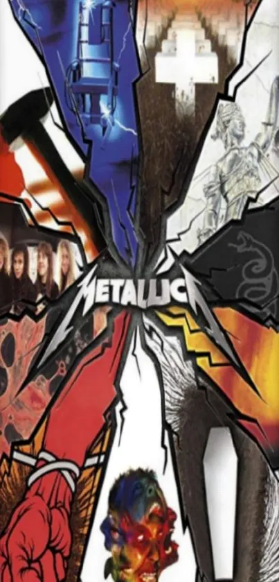 Dynamic Metallica band art wallpaper featuring vibrant graphics and iconic elements.