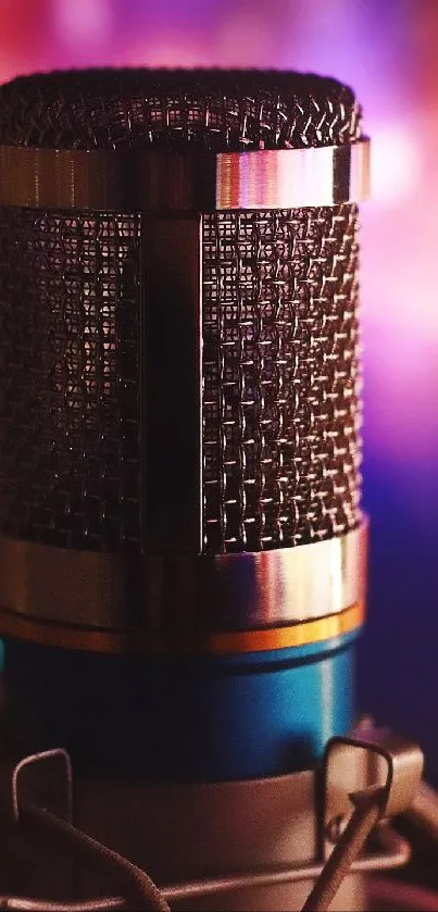 Close-up of a microphone with vibrant abstract background.