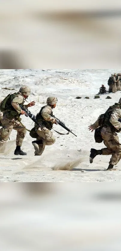 Soldiers in action on a desert landscape.