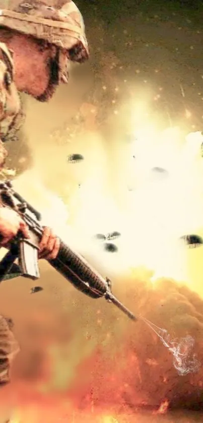 Military action wallpaper with soldier and explosion.