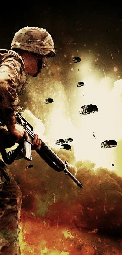 Soldier with parachutes in a dramatic fiery scene.