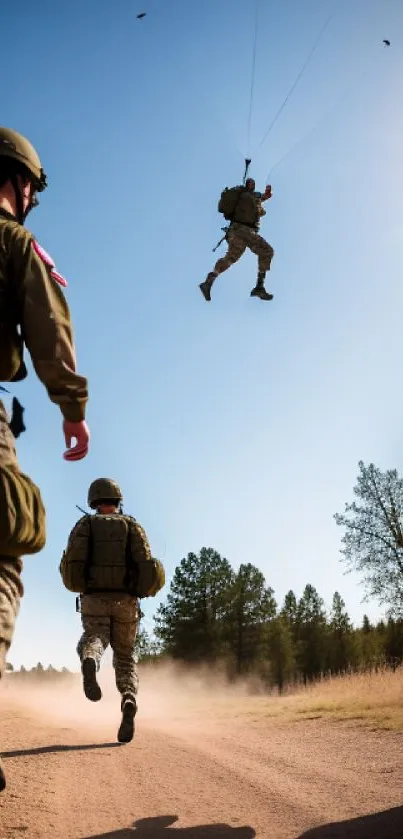 Soldiers with parachutes in a dynamic military training scene under a clear blue sky.