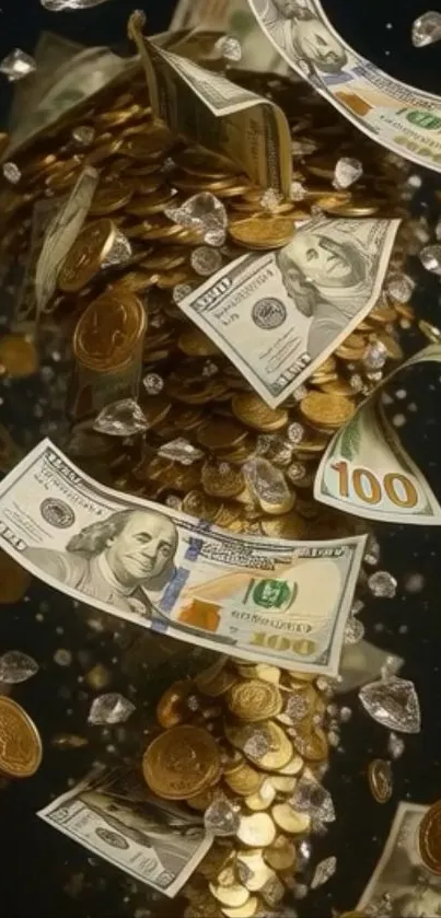 Whirlwind of money, coins, and gems creating a luxurious wallpaper design.