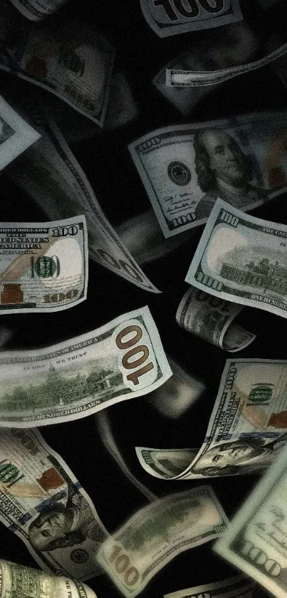 Floating 100 dollar bills on a dark background for mobile wallpaper.