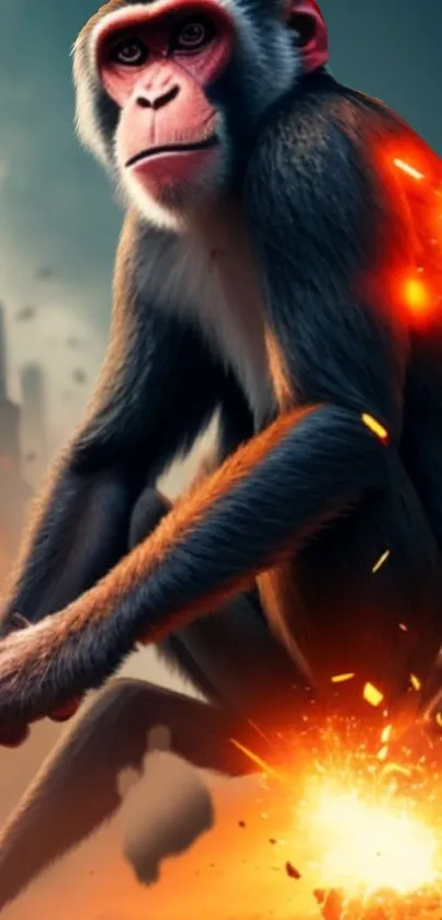 Monkey in action amidst fiery urban backdrop.