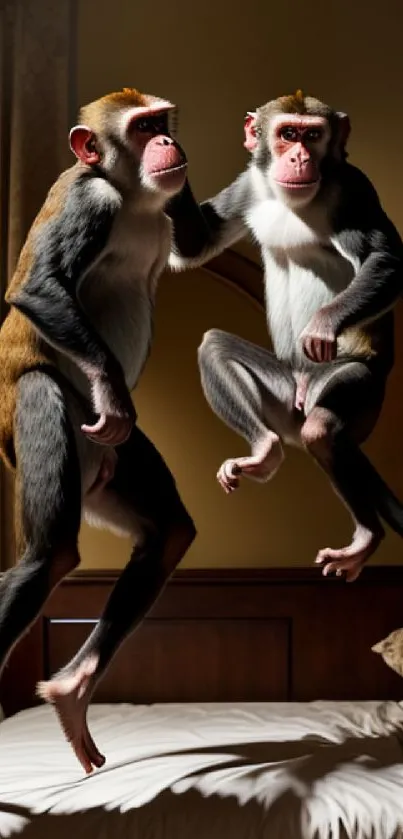 Two monkeys energetically jumping on a bed in a warmly lit bedroom.
