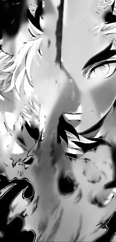 Dynamic monochrome anime character art in black and white.