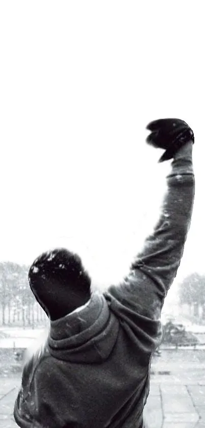 Silhouette of person celebrating victory with fist raised in snowy setting.