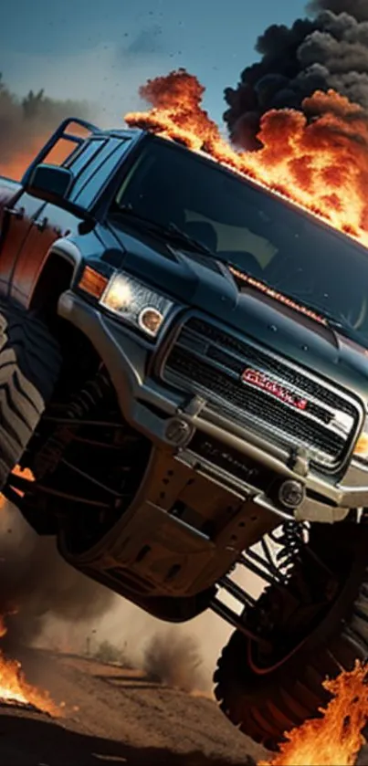 Monster truck leaping through fiery explosion, showcasing dynamic action.