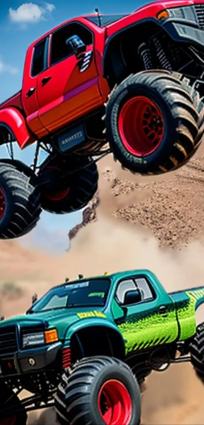 Monster trucks in action on rugged terrain.