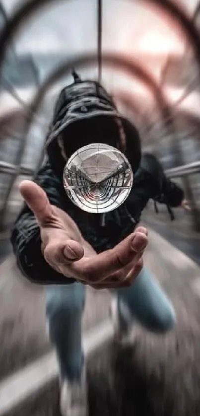 Hooded figure with crystal ball in motion blur on city bridge.