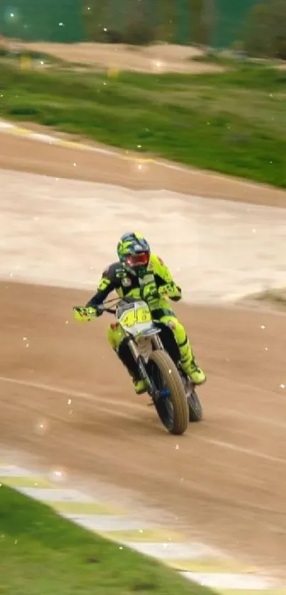 Motorbike racing on a dirt track, showcasing speed and dynamic action.