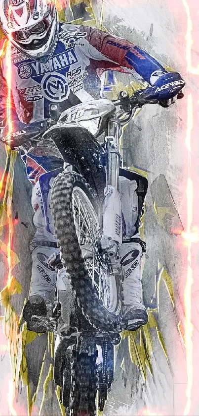 Motocross rider performing a dynamic stunt in an electrifying scene.