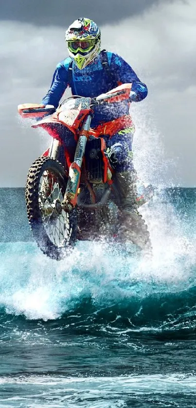 Motocross rider surfing ocean waves with stormy sky.