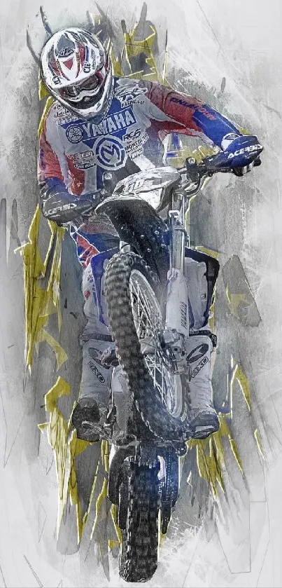 Motocross racer in dynamic action artwork, vibrant and energetic design.