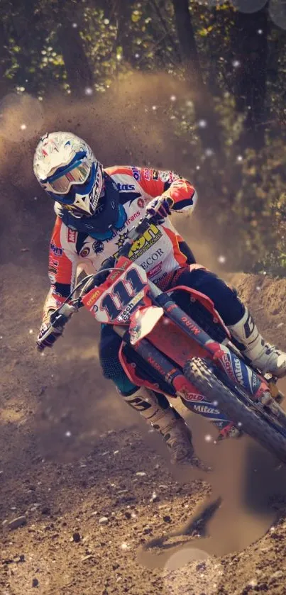 Motocross rider in action on a dirt track background.