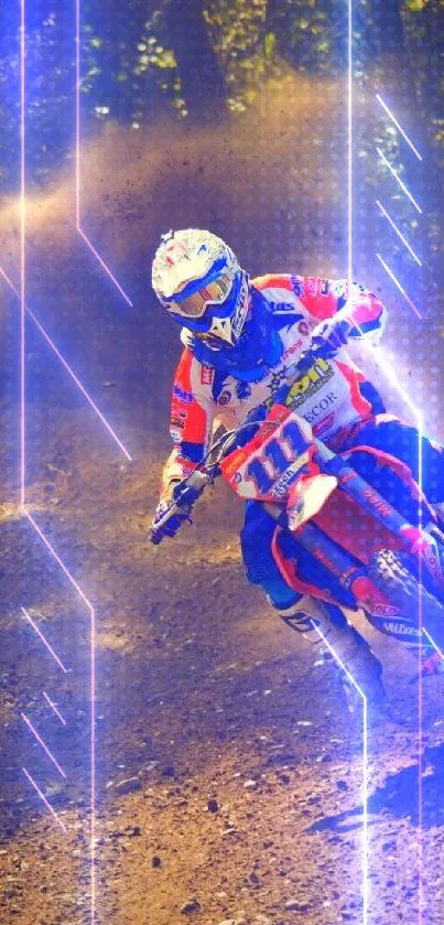 Motocross rider in action on a dirt track, showcasing dynamic movement and vibrant colors.