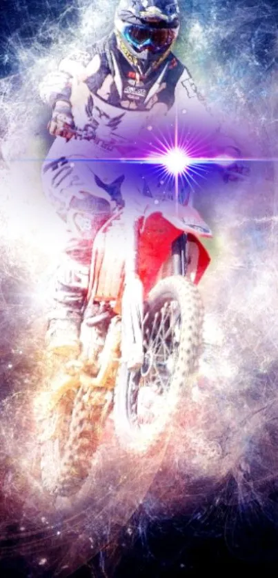 Motocross rider in action with cosmic backdrop.