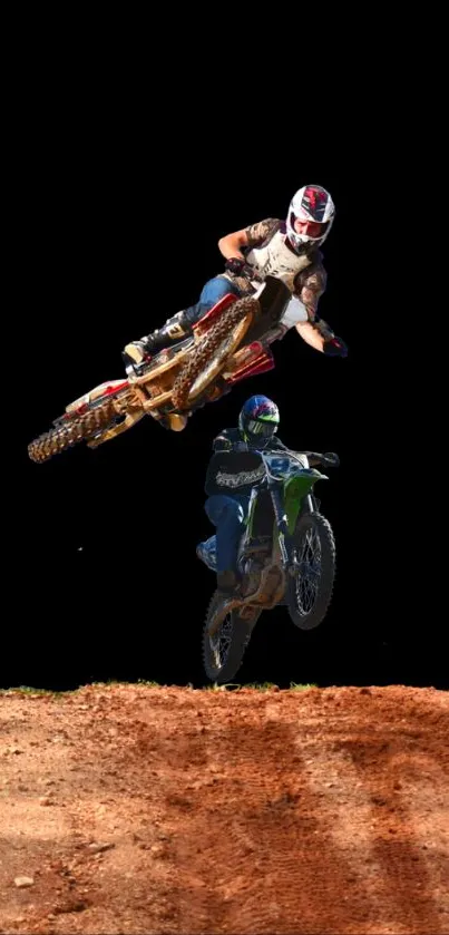 Motocross riders performing stunts against a black background.