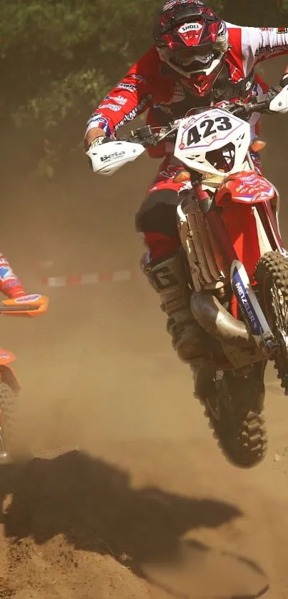 Motocross rider jumping high in an action-packed race.