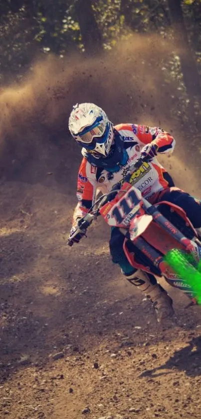 Motocross rider on dirt track with green highlight, showcasing action and speed.