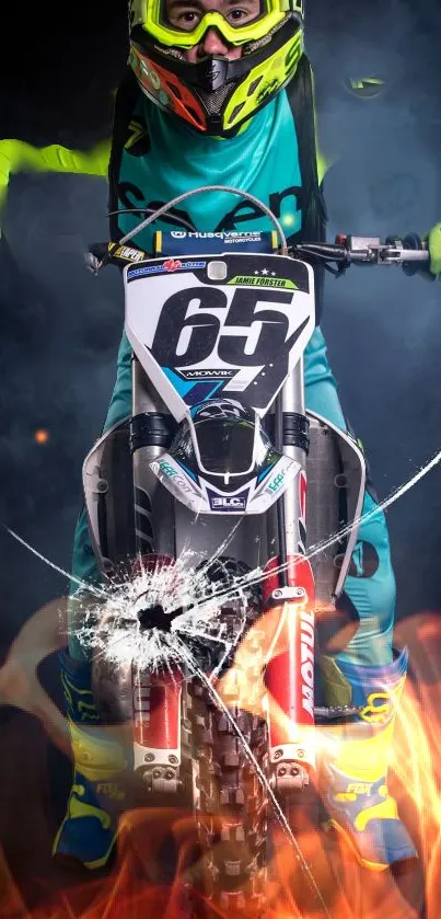 Motocross rider on a bike in vibrant gear.