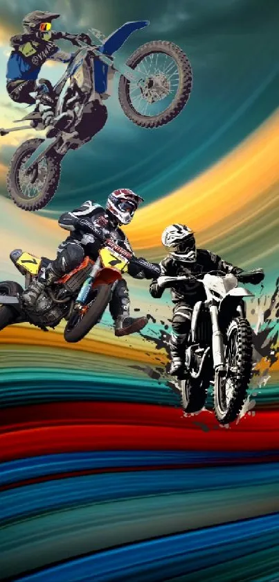 Motocross riders performing stunts against a colorful, dynamic background.