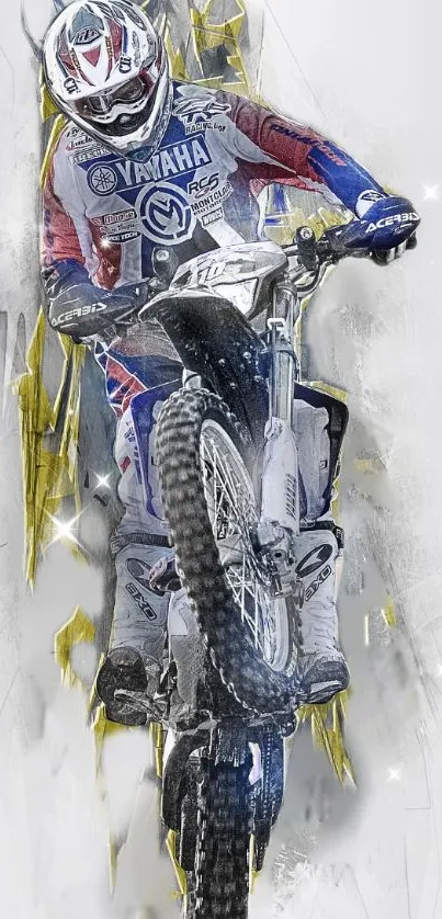 Motocross rider in action with dynamic graphic design.